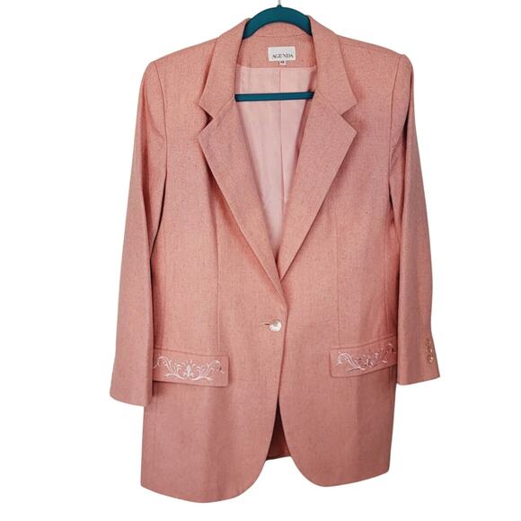 Vintage Agenda Made in USA Pink Wool Blend Embroidered Pockets Blazer Sz 14 Y2K - Picture 2 of 12